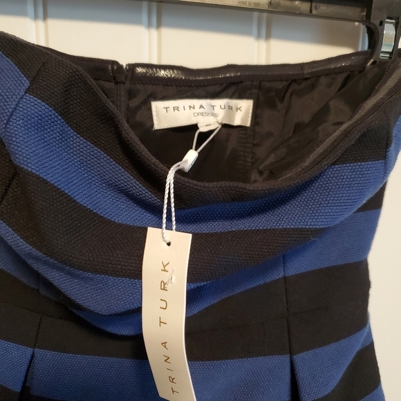 Trina Turk Black and Blue Striped Strapless Dress Size 8 - Picture 3 of 9